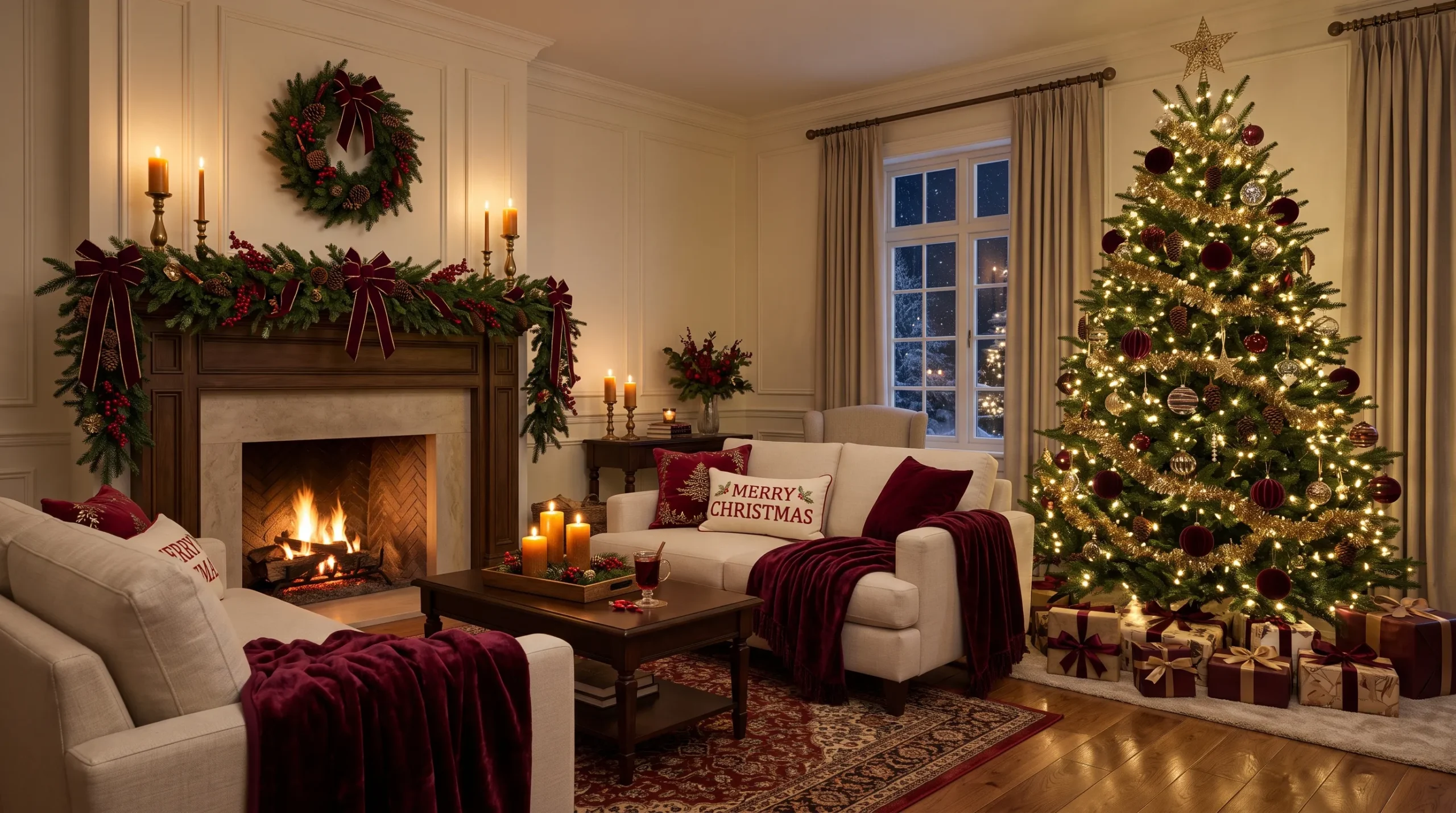 Burgundy Christmas decoration ideas featuring a decorated tree, velvet ornaments, and garland in a cozy living room