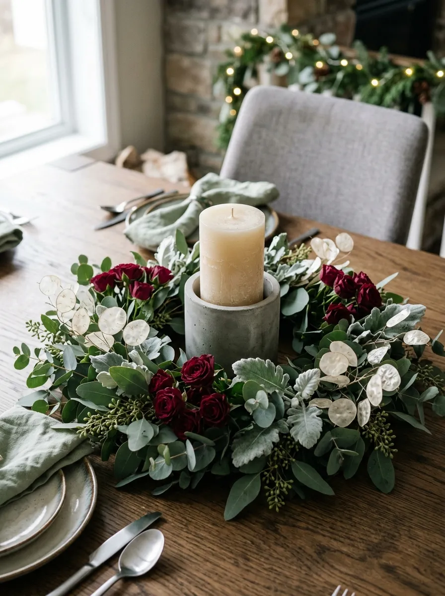 Eucalyptus wreath with burgundy roses and a concrete candle holder as modern and refined holiday table centerpieces