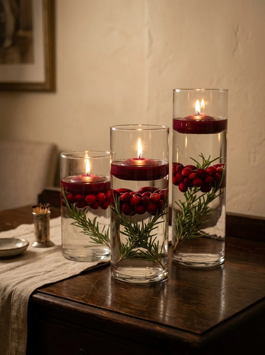 Clear glass cylinders with floating burgundy candles and cranberries as an elegant Christmas decoration idea