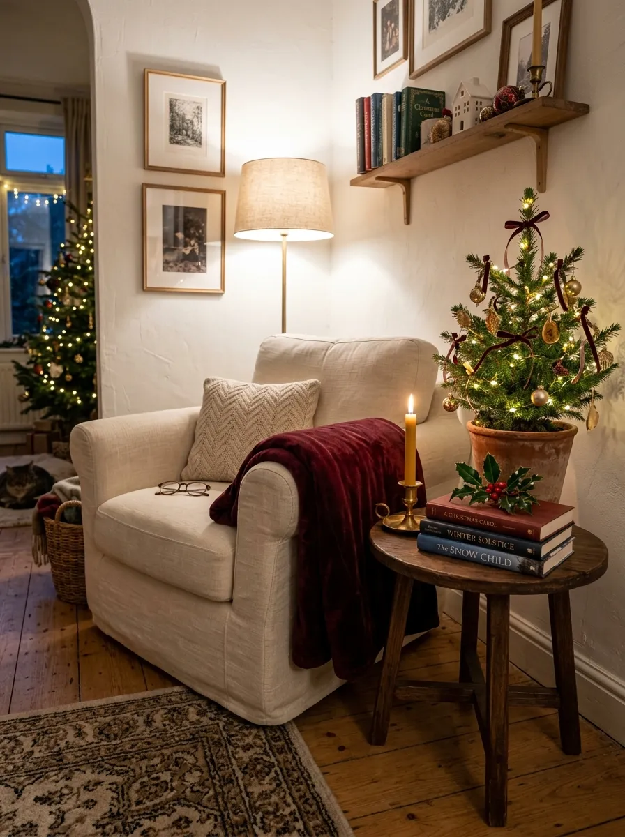 Cozy reading nook with a cream armchair, burgundy velvet throw, mini Christmas tree, and gold candle for holiday styling