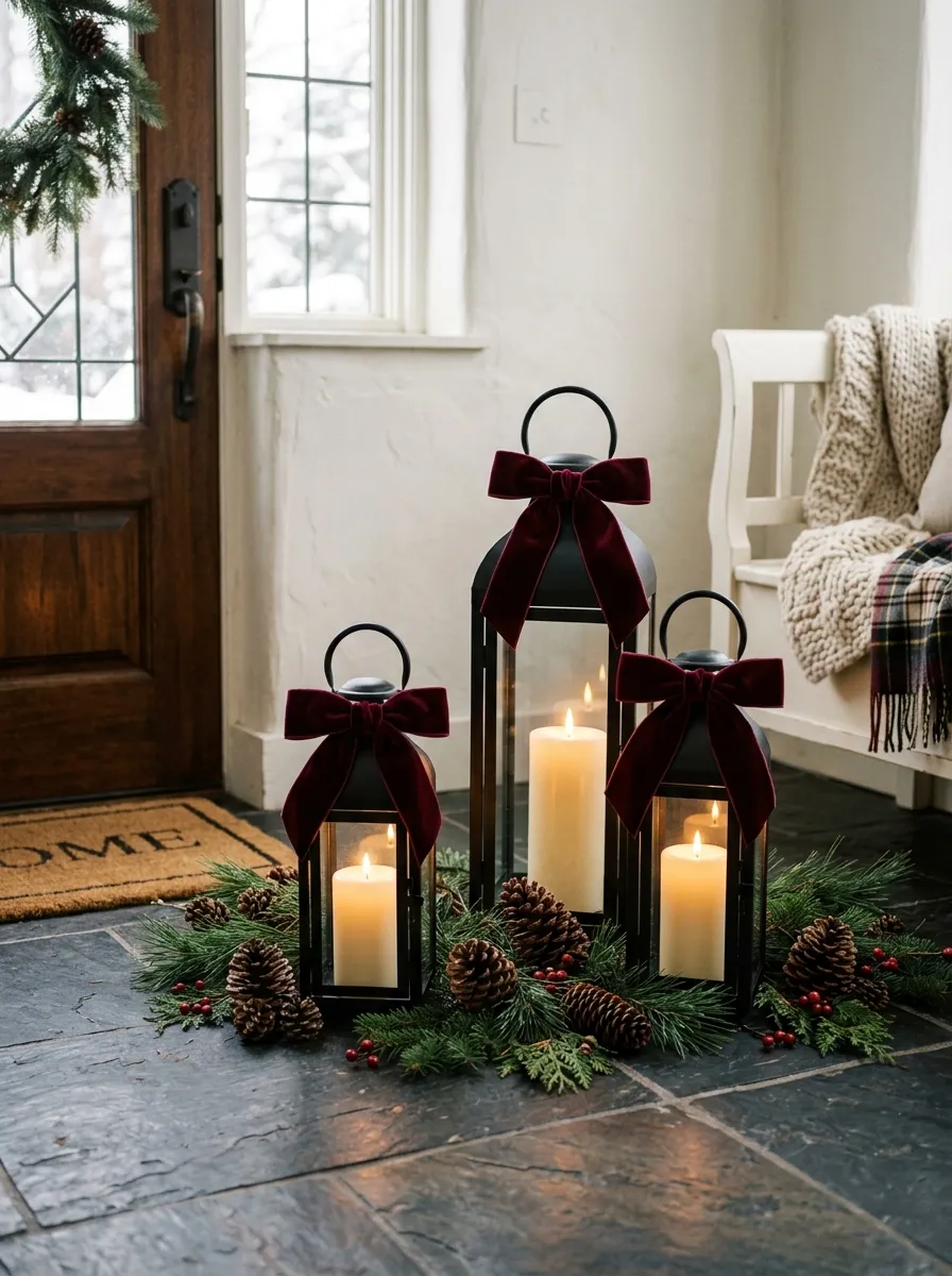 Three black metal lanterns with burgundy ribbon bows and pillar candles clustered in a Christmas entryway display