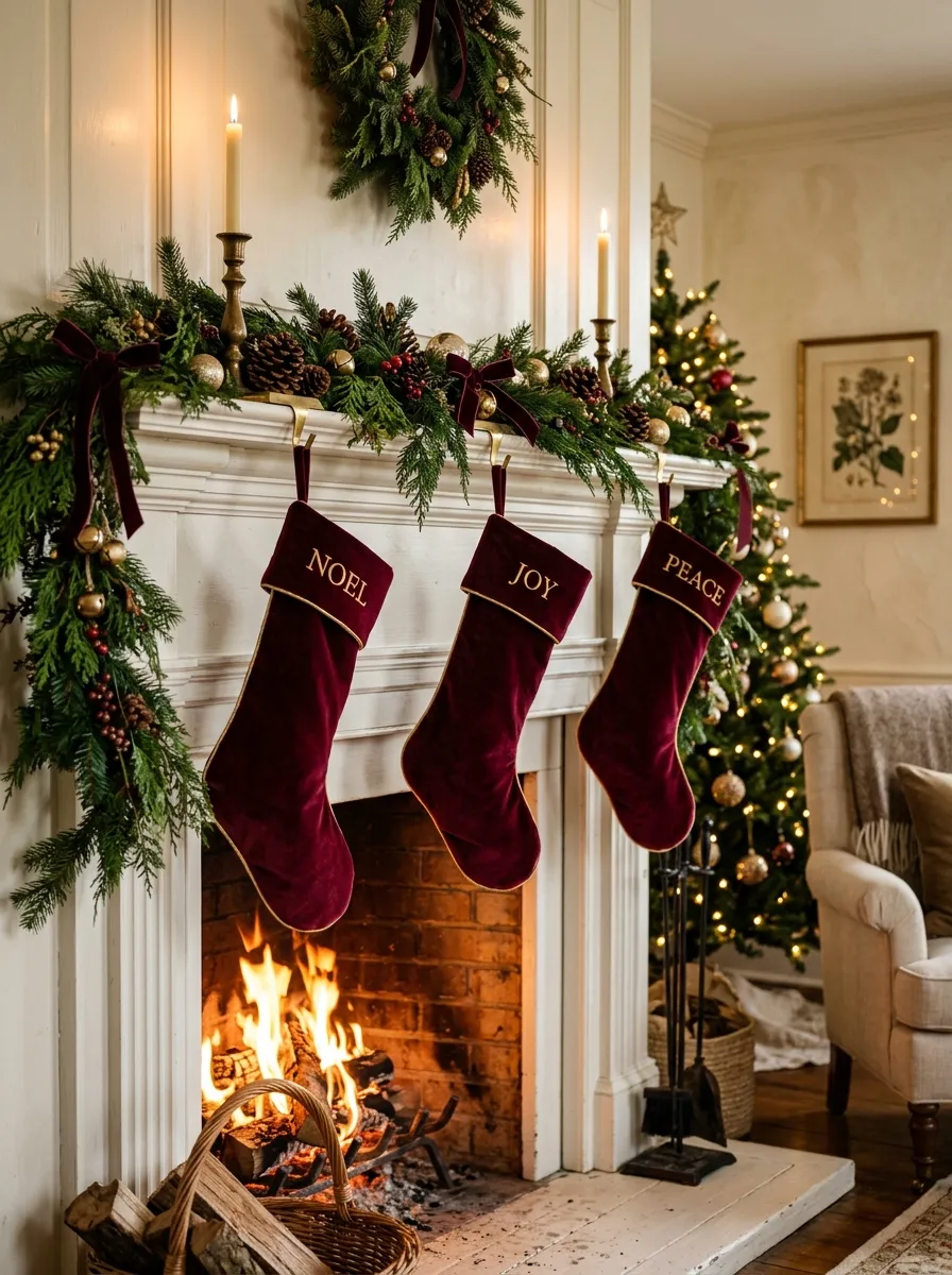White fireplace mantel with burgundy velvet stockings, evergreen garland, pinecones, and gold candle holders for Christmas