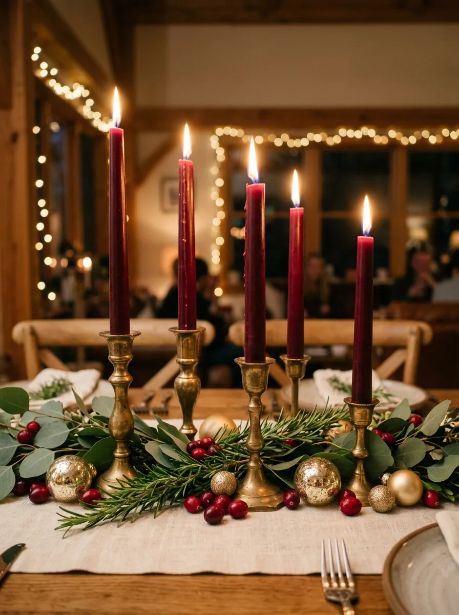 Five tall burgundy taper candles in gold holders surrounded by eucalyptus and cranberries as a Christmas table centerpiece