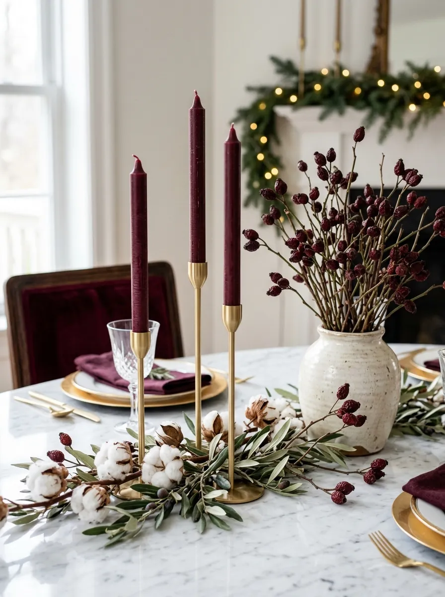 Burgundy taper candles with dried rose hip stems and olive branches as sophisticated holiday table centerpieces