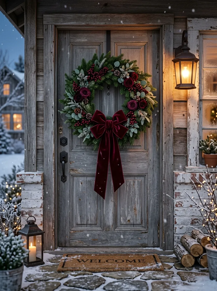 21 Christmas Wreath Ideas That Make Your Front Door the Most Beautiful on the Street 3 A lush evergreen Christmas wreath with an oversized burgundy velvet bow and roses on a rustic farmhouse front door