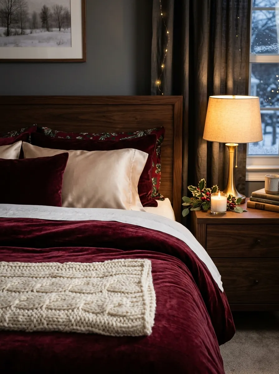 21 Christmas Bedroom Ideas That Make Your Space Feel Magical, Cozy, and Full of Holiday Charm 13 A king bed with a rich burgundy velvet duvet and ivory knit throw for a luxurious and cozy holiday bedroom decor look.