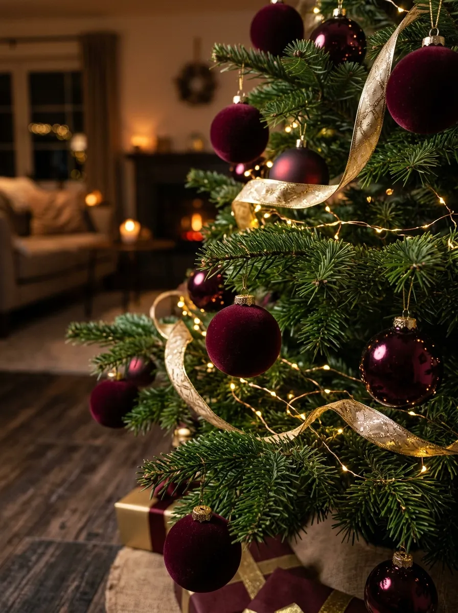 Christmas tree decorated with deep burgundy velvet ornaments and gold ribbon garland for an elegant holiday look