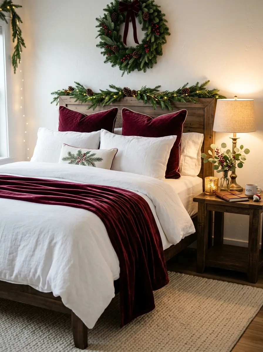 White bed with burgundy velvet euro pillows and a matching throw draped diagonally for elegant Christmas bedroom styling