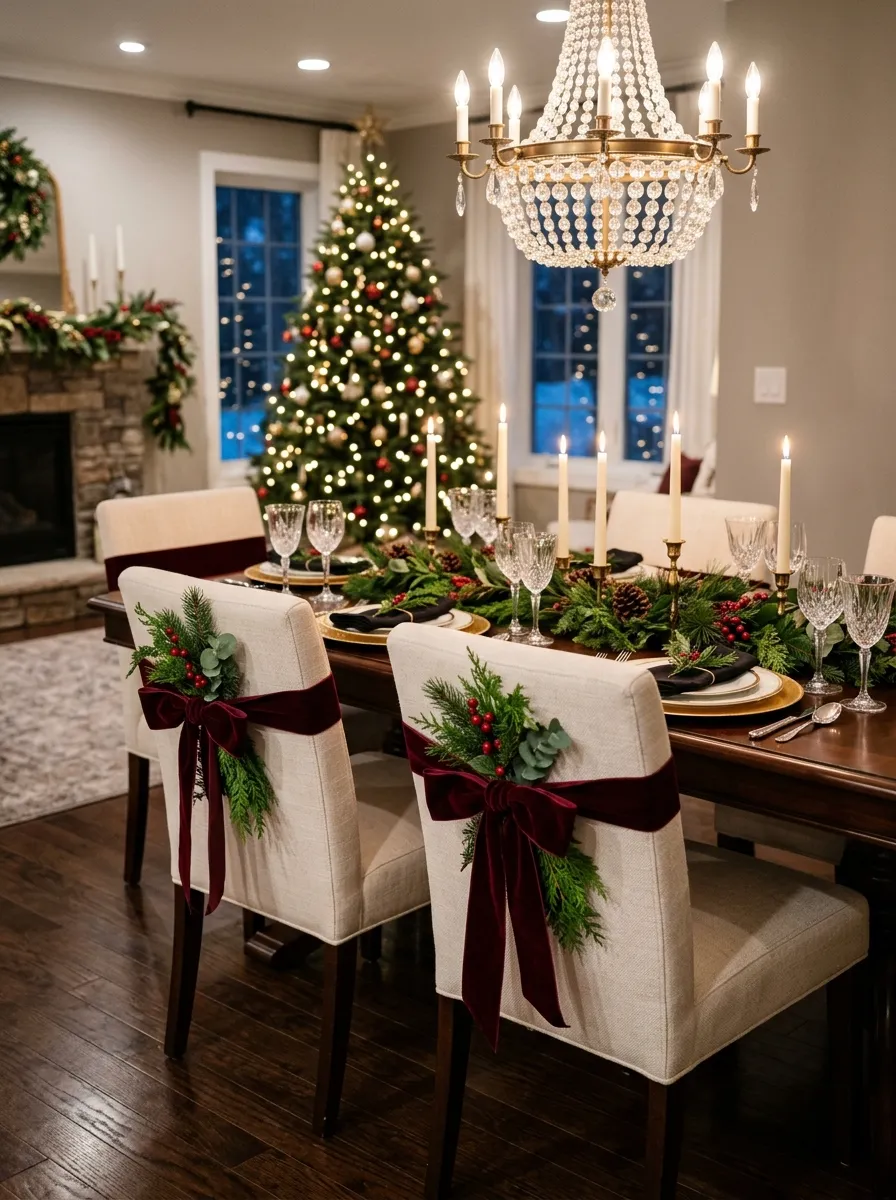 Cream dining chairs with large burgundy velvet bows and fresh greenery sprigs tied at the chair backs for Christmas