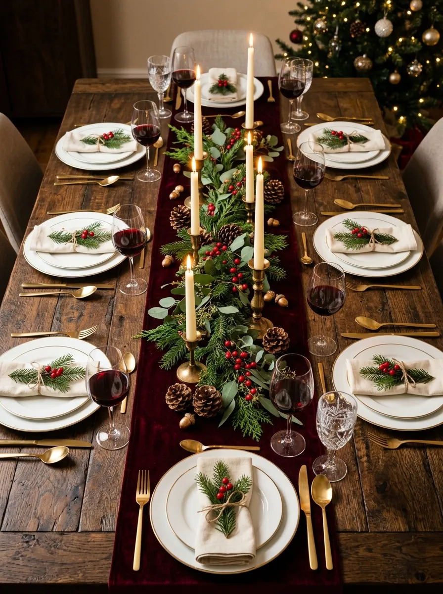 Burgundy velvet table runner with ivory candles and fresh greenery on a Christmas dinner table with gold accents