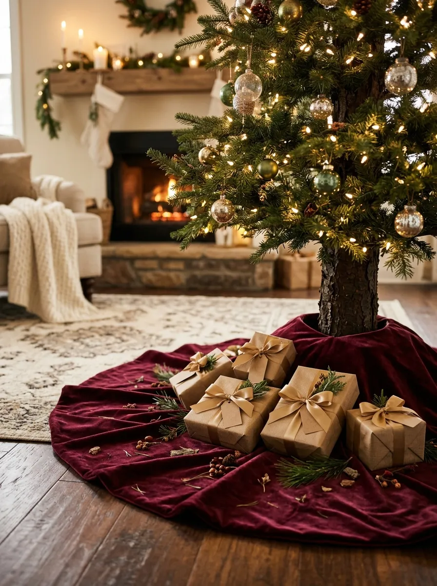Deep burgundy velvet tree skirt pooled around the base of a decorated Christmas tree with wrapped gifts on top