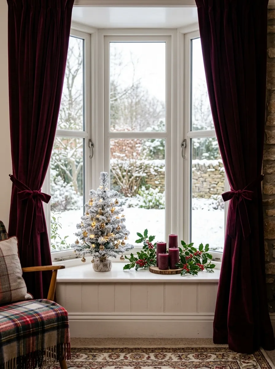 Window sill Christmas vignette with burgundy curtains, a small flocked tree, pillar candles, and fresh holly