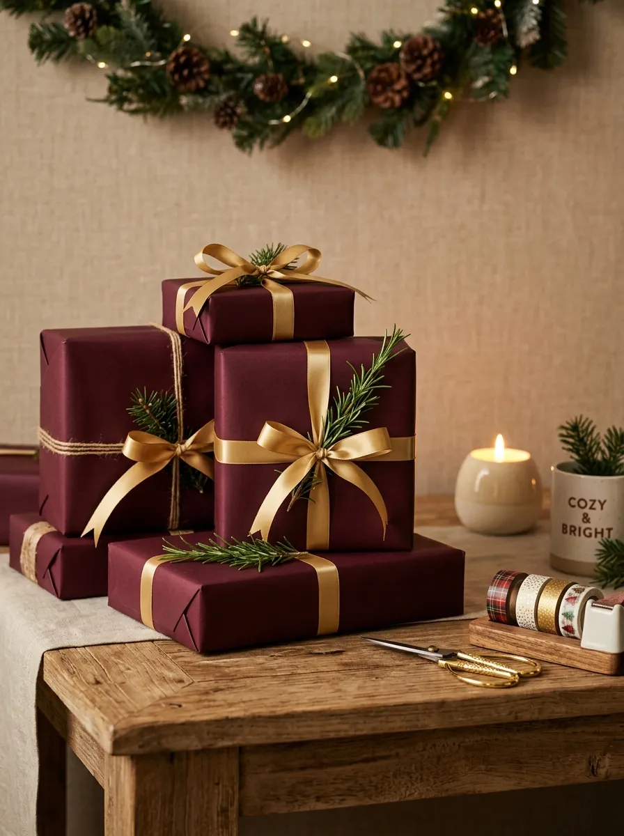 Stack of burgundy matte wrapped Christmas gifts with gold ribbon and rosemary sprigs on a console table