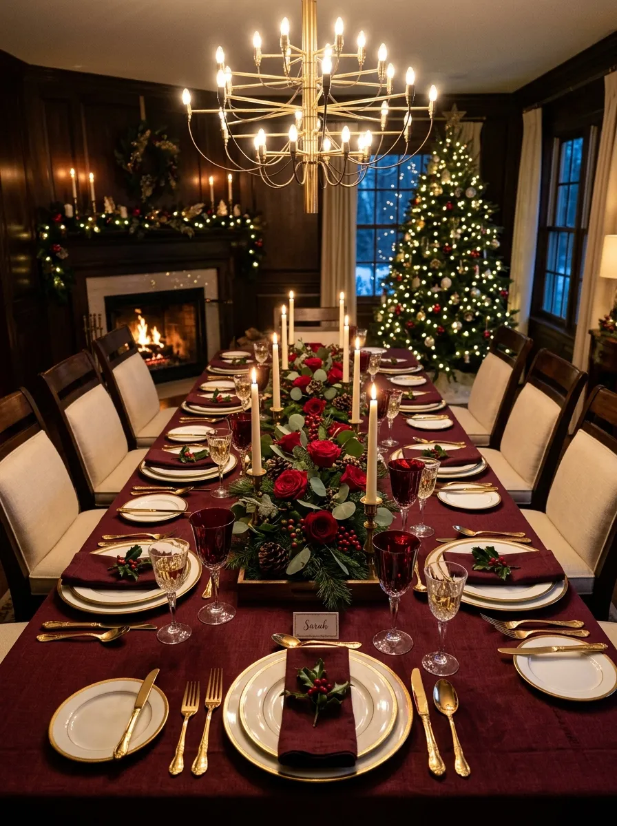 Burgundy linen dining table with gold china and rose centerpiece for timeless Christmas home styling holiday dinner