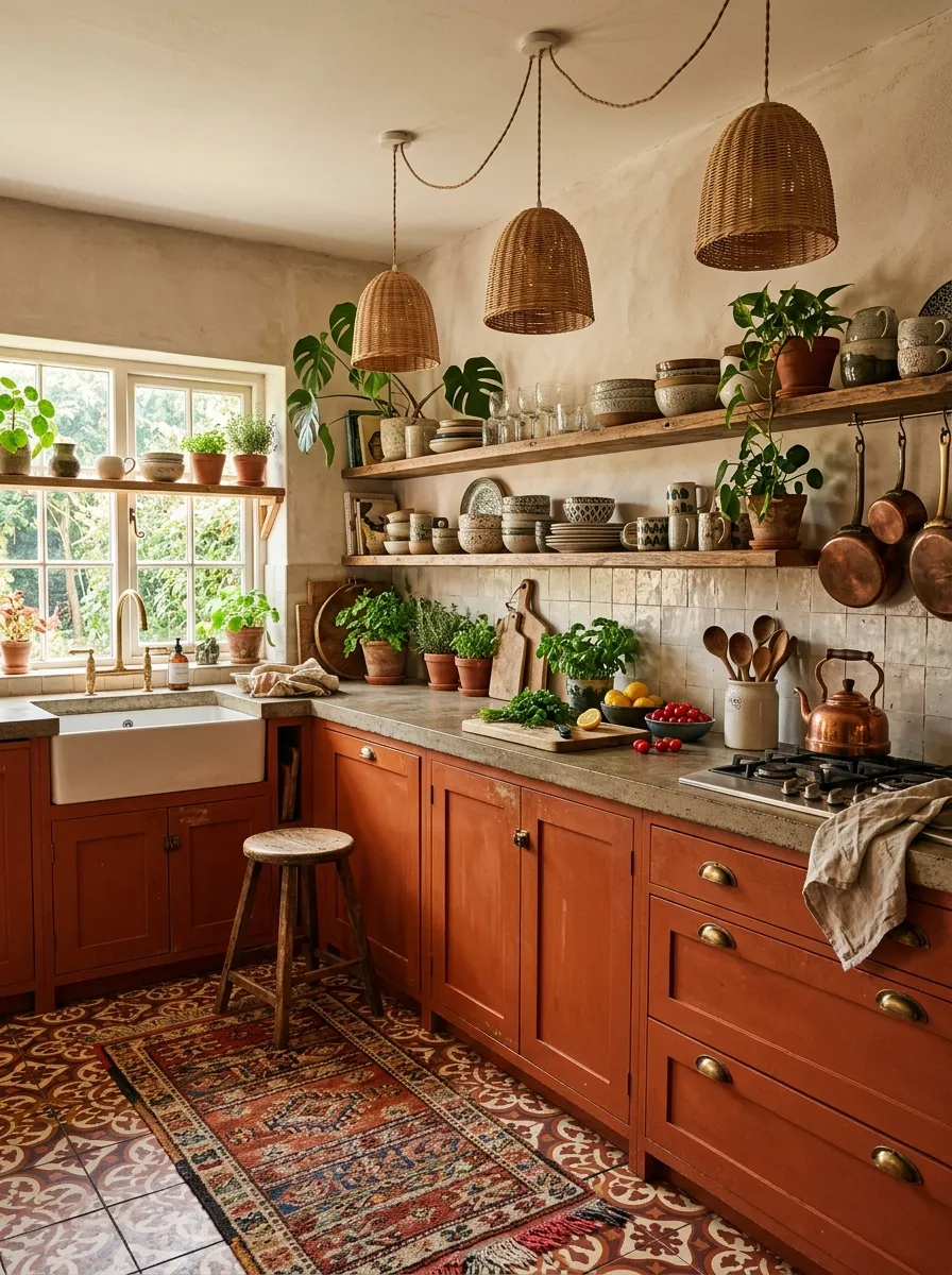 Burnt orange cabinets with rattan pendants, Moroccan floor tiles, concrete countertops, and plants in a warm bohemian kitchen