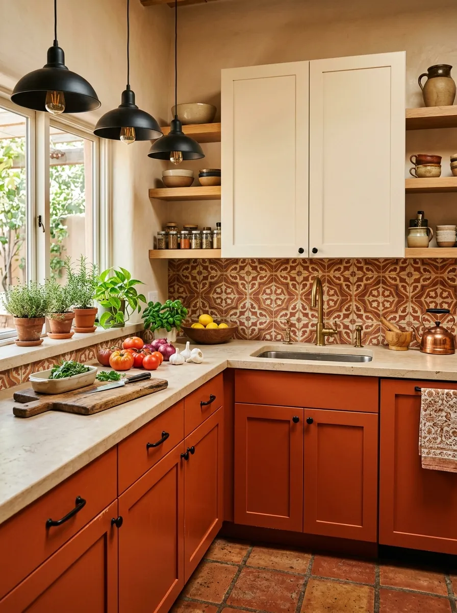 Burnt orange lower cabinets and cream upper cabinets with matte black hardware in a warm global inspired two color kitchen cabinet design