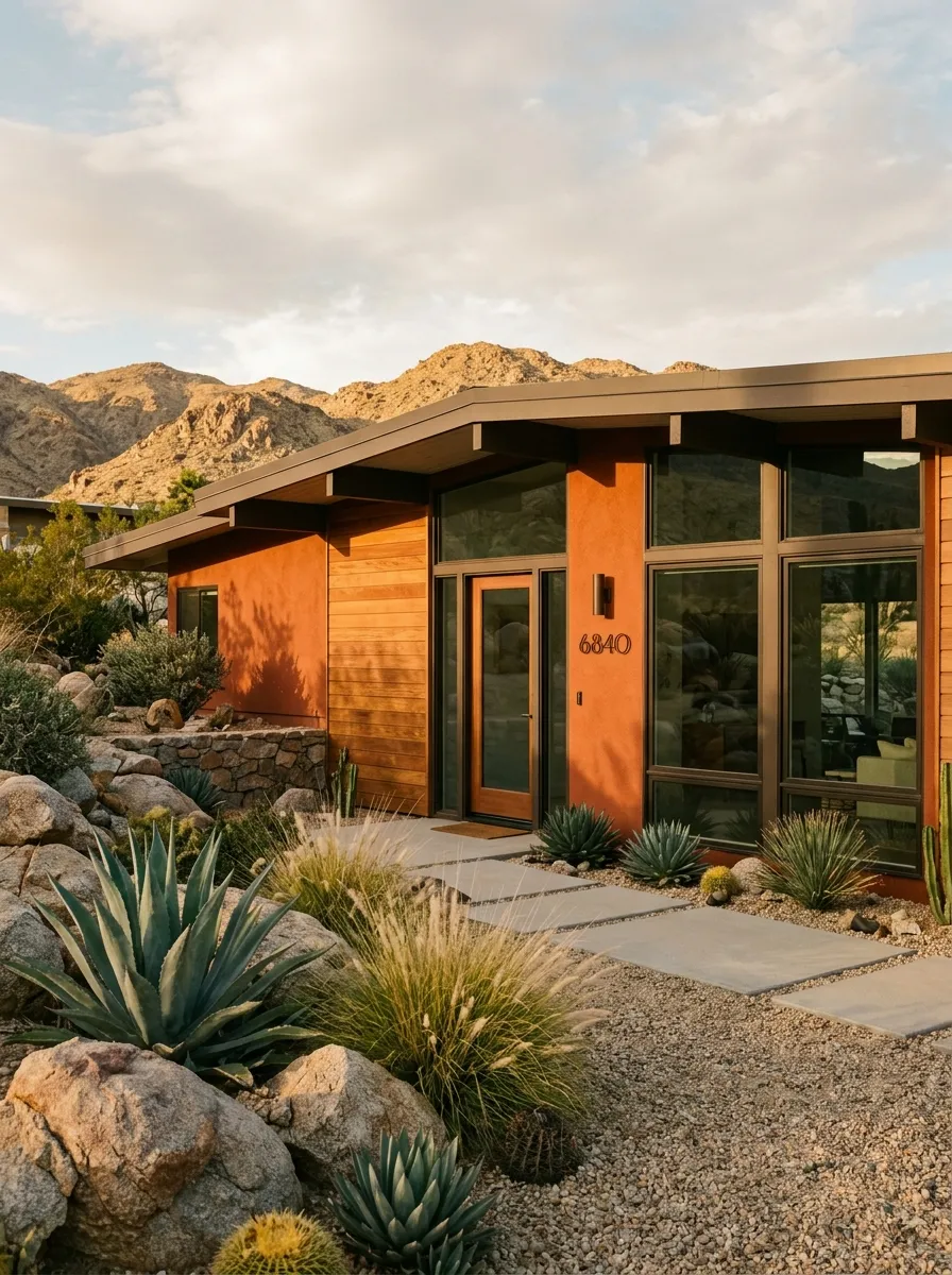Mid century modern home in warm burnt rust with cedar accents and desert landscaping, an earthy standout in home exterior paint colors for 2026