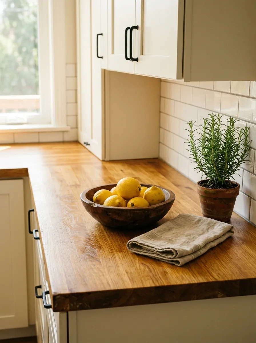 17 Farmhouse Cottage Kitchen Ideas to Master the New Timeless and Cozy Design Aesthetic 3 Honey toned butcher block countertop with cream cabinets and terracotta herb pot in a rustic farmhouse kitchen