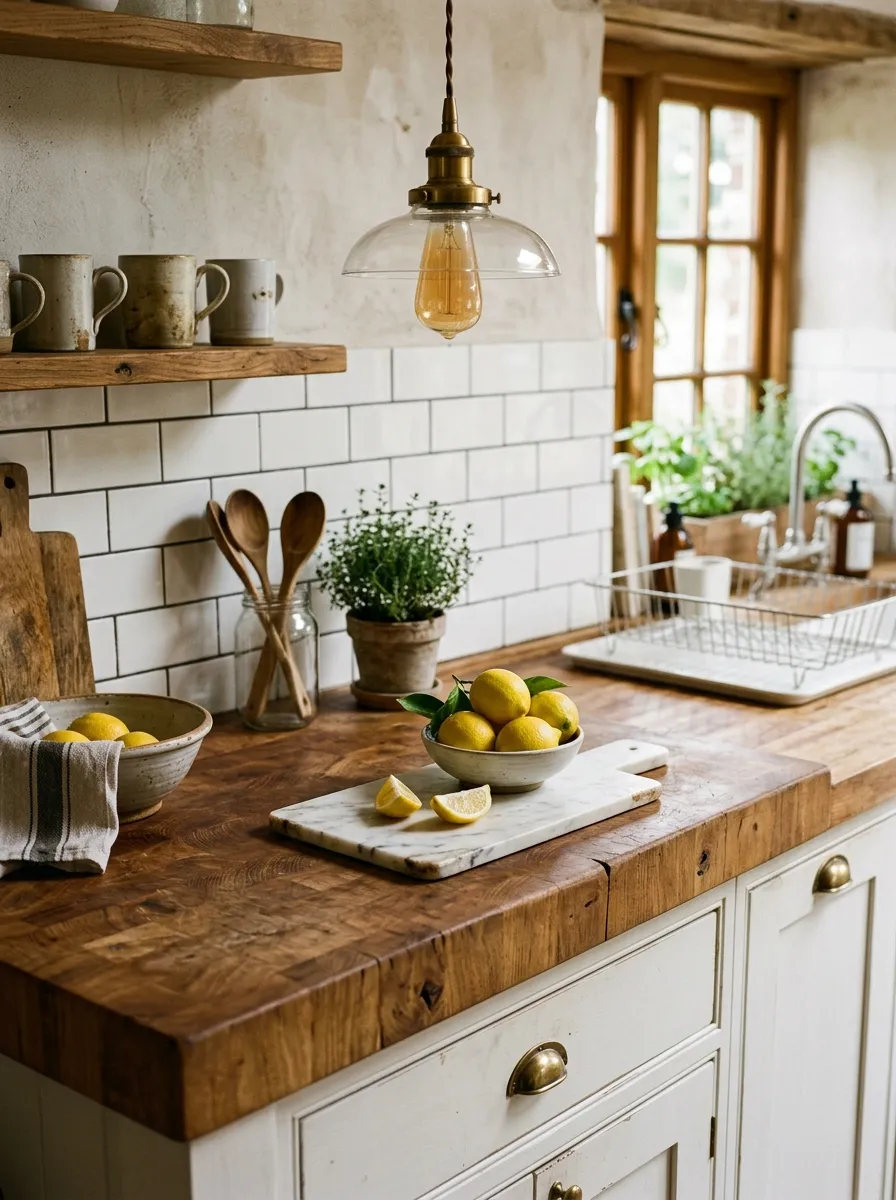 Thick butcher block countertops with natural wood grain and lemon bowl in a cozy cottage style kitchen setting