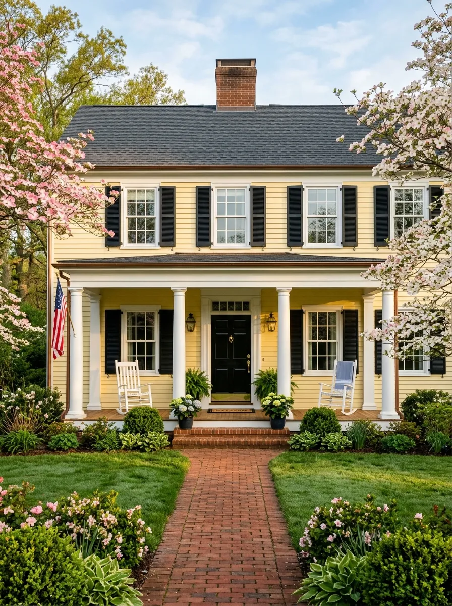 Butter yellow colonial home with black shutters and white columns, a cheerful and timeless entry among curb appeal color schemes for 2026