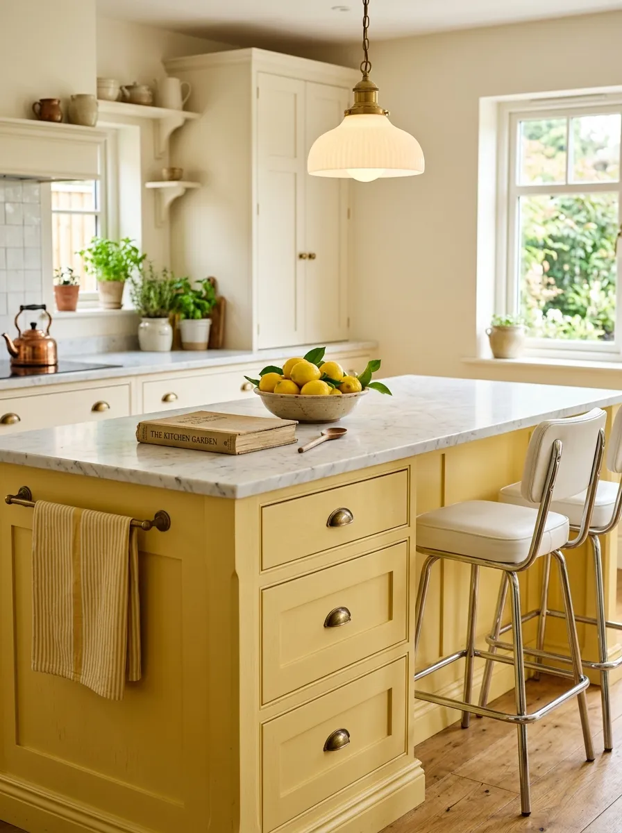 Yellow painted kitchen island with marble countertop, chrome bar stools, lemon bowl, and vintage cookbook on top