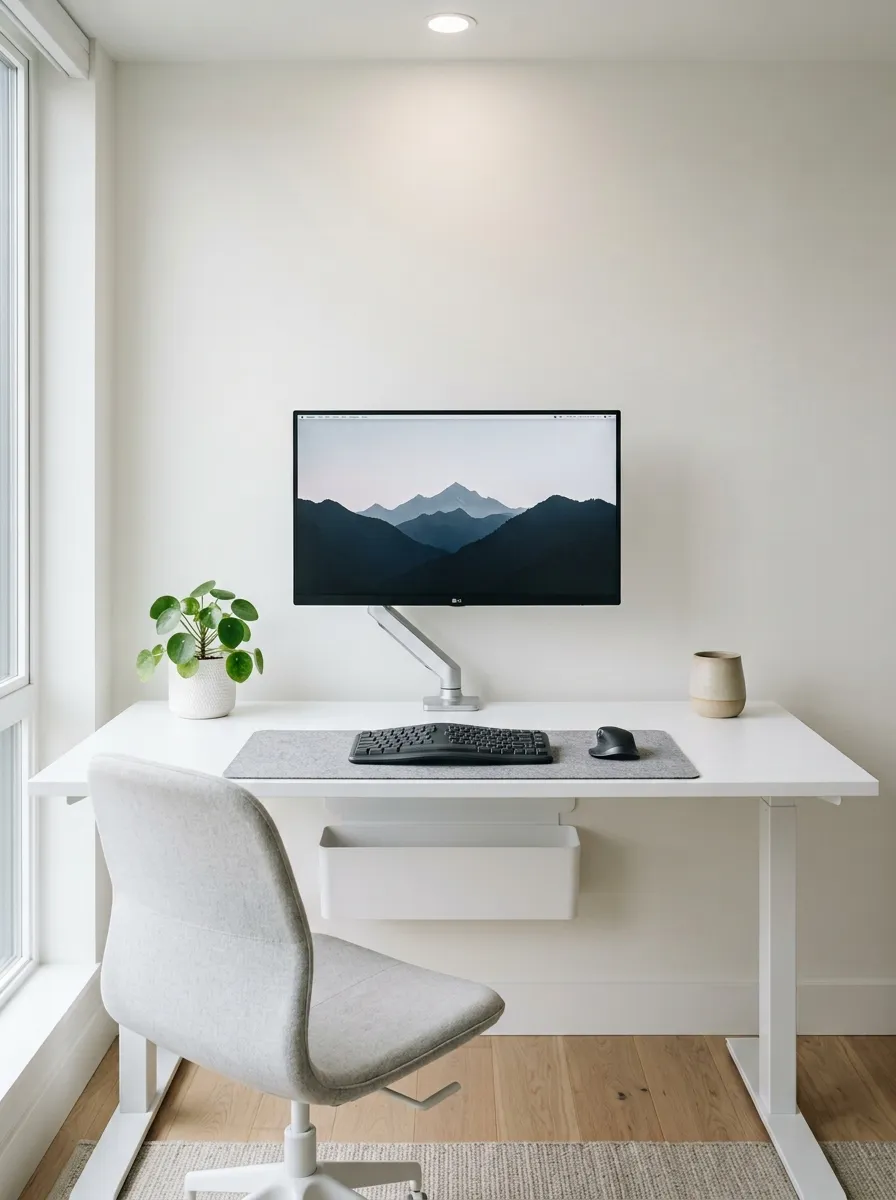 Minimal home office design with zero visible cables, white desk, monitor arm, cable management box behind desk, and single ceramic vessel on surface