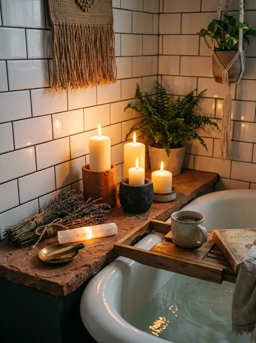 19 Boho Bathroom Ideas That Combine Soft Textures, Natural Details, and Soulful Eclectic Style 14 A Boho bathroom tub ledge styled with pillar candles in terracotta holders, dried lavender, a selenite wand, and a wooden bath caddy in warm candlelight.