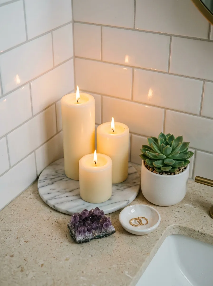 17 Bathroom Counter Styling Ideas for an Instant Aesthetic Glow Up That Looks Expensive 5 Bathroom vanity styling with pillar candles on marble coaster, amethyst crystal, ring dish, and succulent