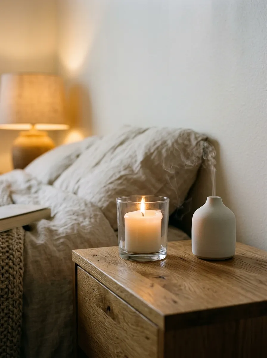White candle and ceramic diffuser on an oak nightstand creating calm ambience in a minimal bedroom
