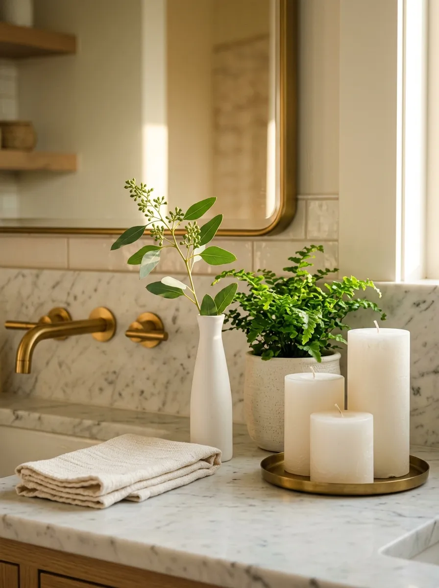 White pillar candles and potted fern styled beside eucalyptus sprig on marble counter in a spa inspired guest bathroom