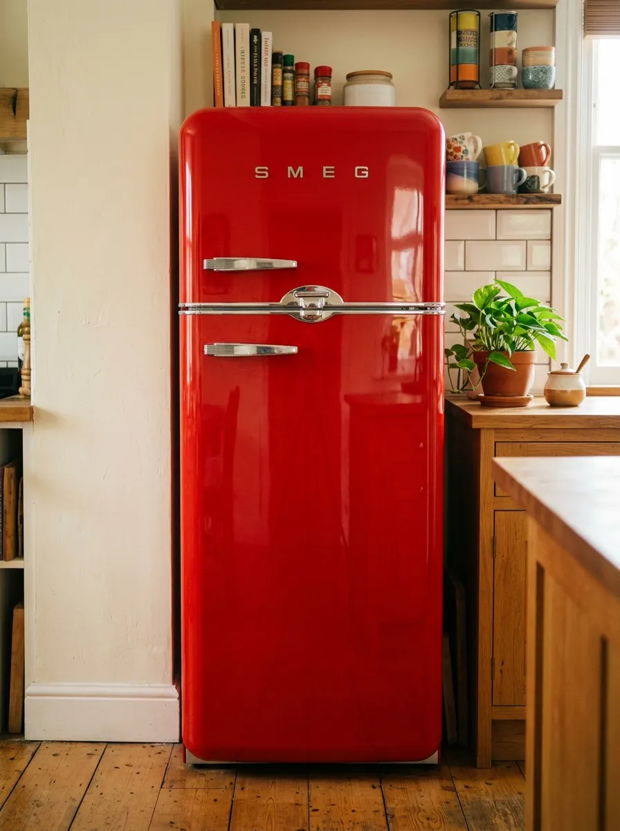 Glossy red retro refrigerator against cream walls in a vintage kitchen with wooden floors and chrome details