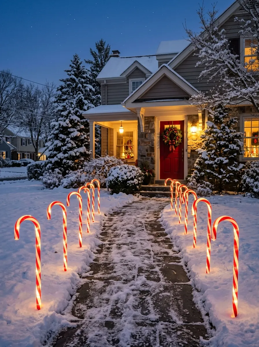Red and white candy cane stakes lining a snowy pathway as Christmas yard decorating ideas for the front yard