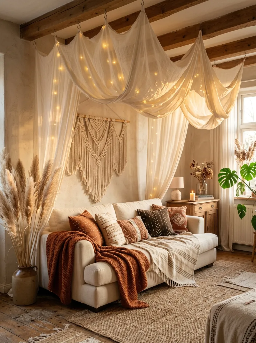 Dreamy Boho living room with sheer cream linen canopy draped from ceiling above sofa, fairy lights, macramé wall art, and pampas grass in warm golden light