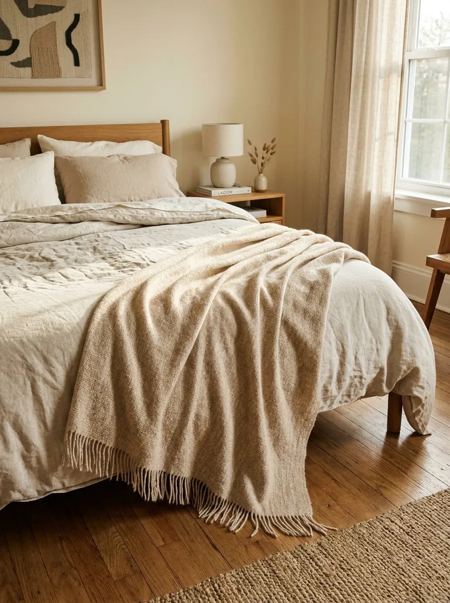 Oatmeal cashmere throw draped across foot of bed in a cozy elegant bedroom decor style
