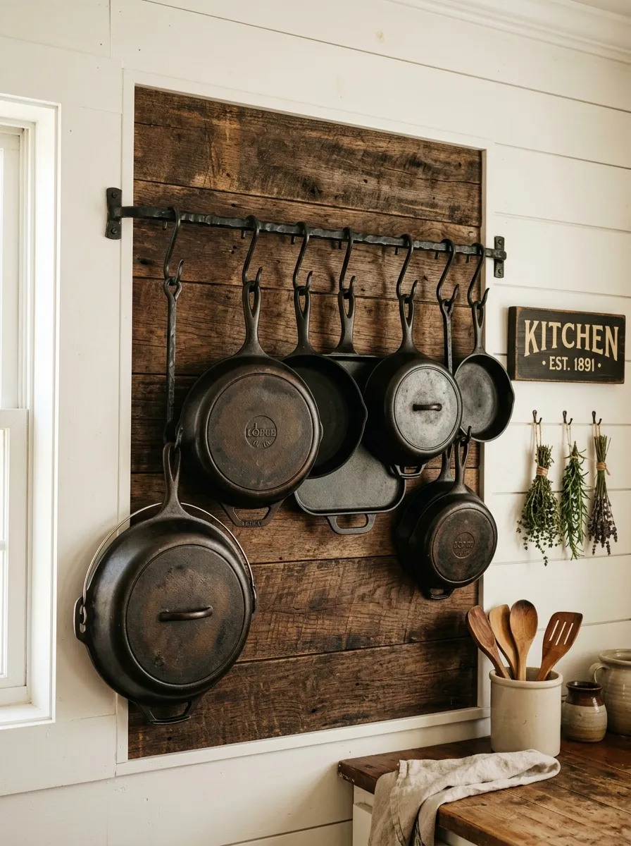 23 Rustic Farmhouse Kitchen Ideas That Use Quiet Design Rules to Create a Timeless Look 11 Cast iron skillets and Dutch ovens hanging on a wrought iron rail against reclaimed wood in a warm rustic farmhouse kitchen.