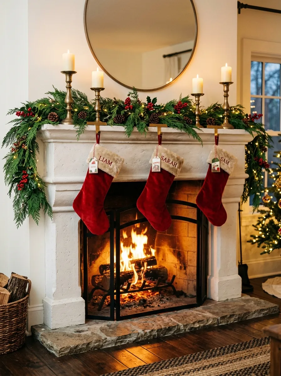 White fireplace mantel draped in cedar garland with brass candles and red velvet stockings for classic holiday home decorating