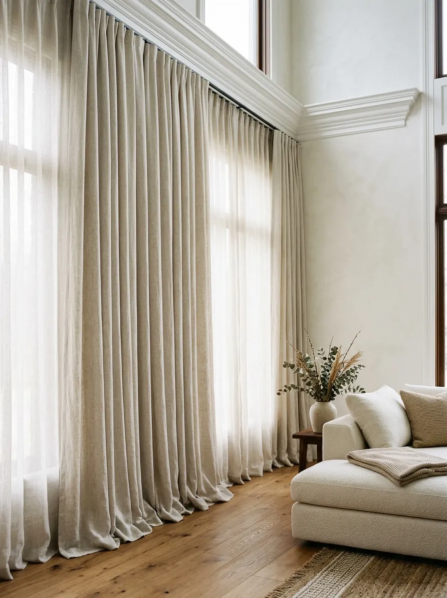 25 Luxury Living Room Ideas That Reveal the Design Details Most People Completely Overlook 9 Floor to ceiling linen drapes mounted near the crown molding inside a luxury living room with warm oak floors