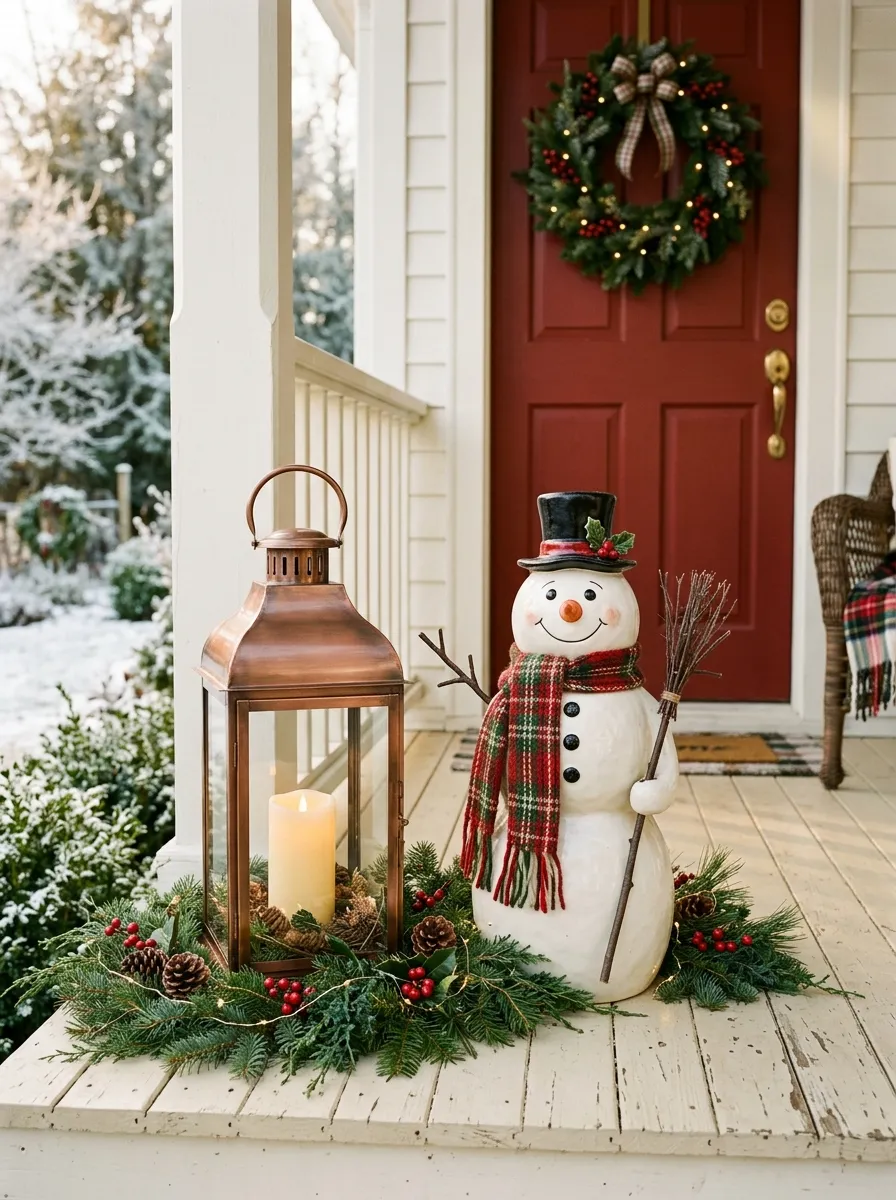 Ceramic snowman with top hat and copper lantern with flameless candle as charming Christmas porch decoration corner display