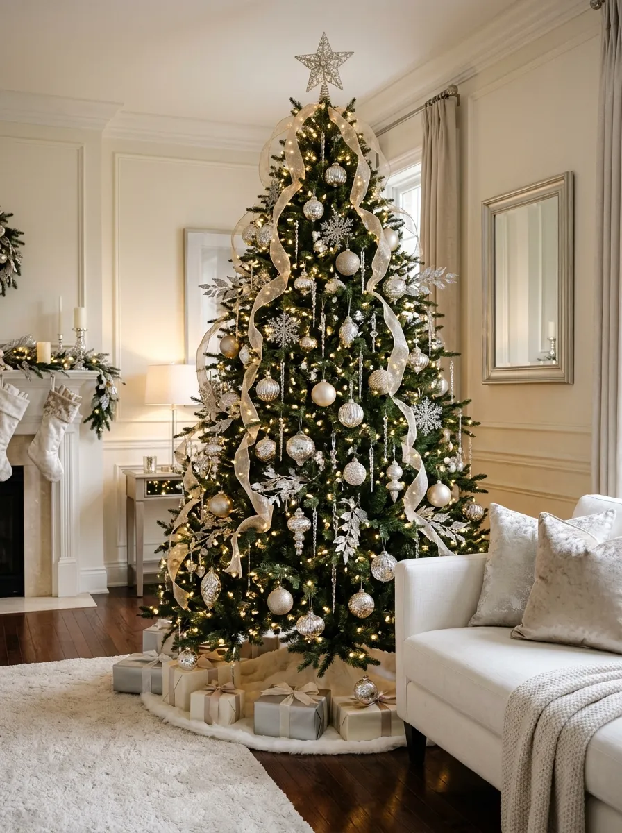 Champagne and silver Christmas tree with mercury glass ornaments, crystal drops, and sheer ribbon for glamorous elegant holiday decor