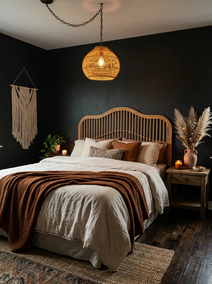 20 Dark Boho Bedroom Ideas That Embrace Moody Colors, Cozy Textures, and Relaxing Nighttime Style 1 A dark Boho bedroom with charcoal walls, amber pendant light, rattan headboard, and layered cream and rust bedding