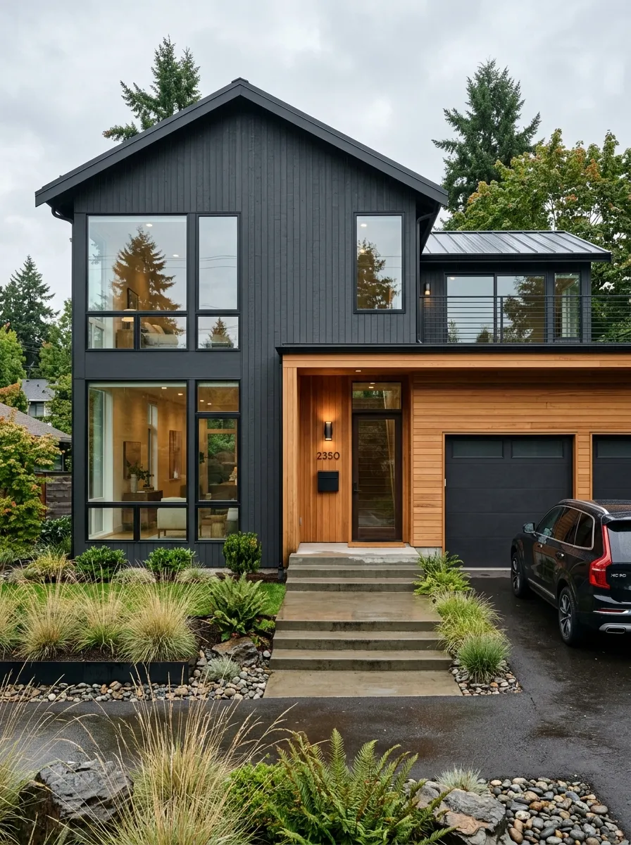 Contemporary charcoal grey home with cedar wood accent panels, a bold and architectural choice in best exterior paint colors for 2026