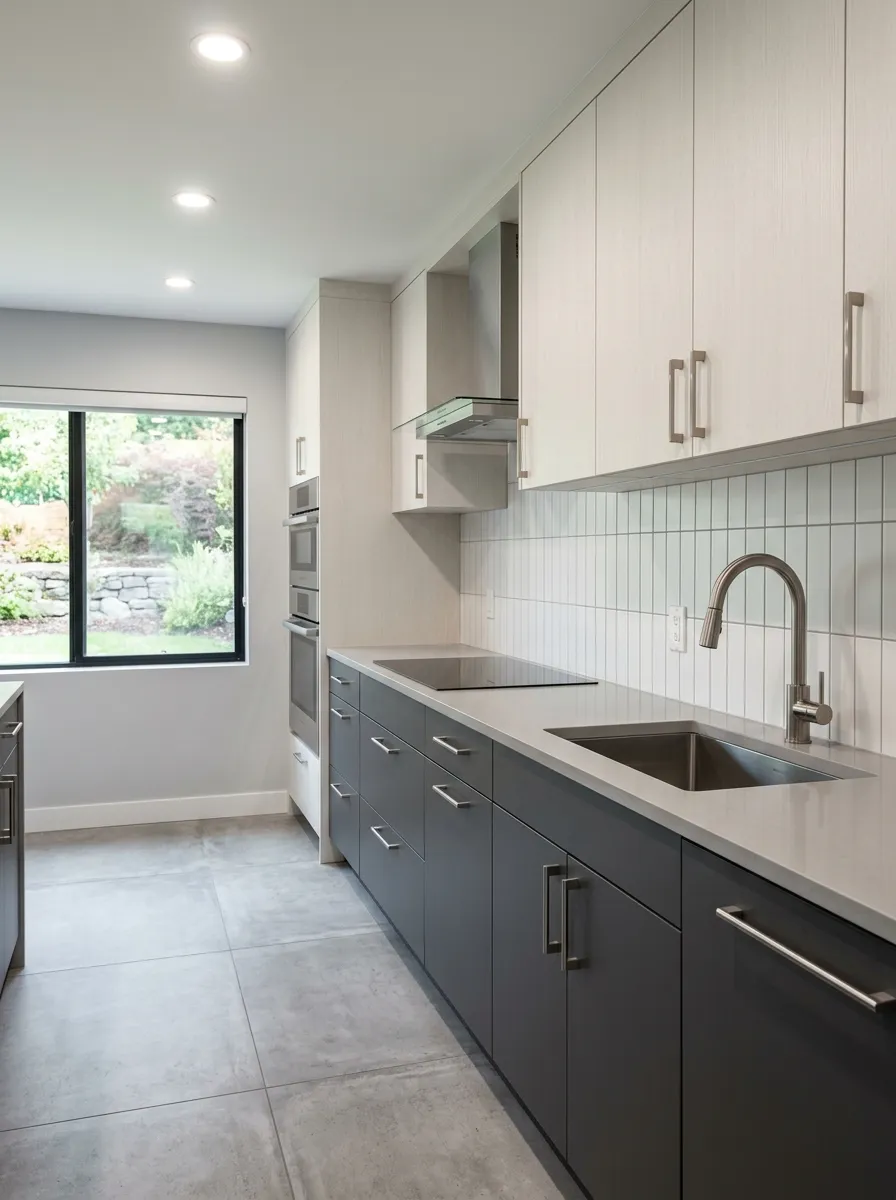 Charcoal gray lower cabinets with soft linen upper cabinets and brushed nickel hardware in a modern minimalist two tone kitchen cabinet