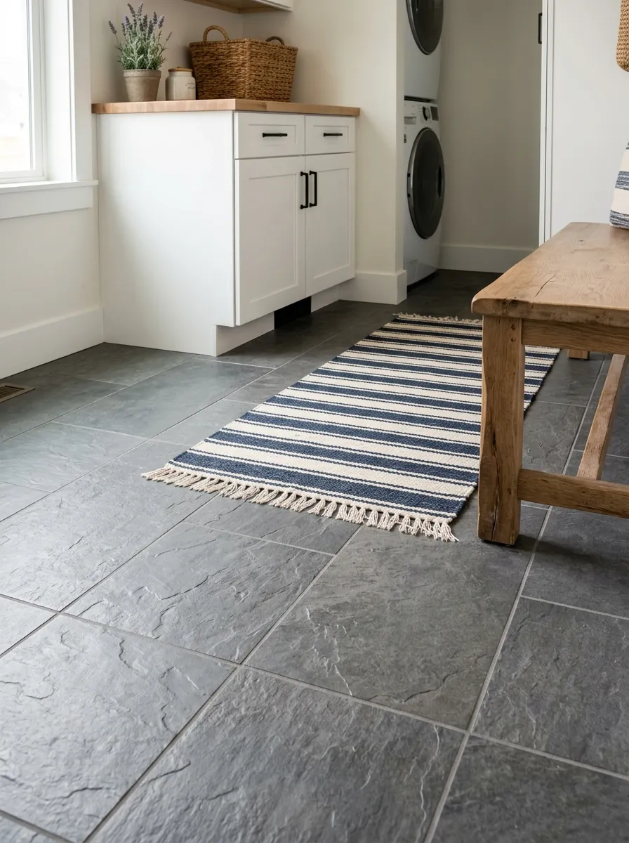 Large format charcoal slate look porcelain tile mudroom laundry room floor with wood bench and striped cotton runner rug