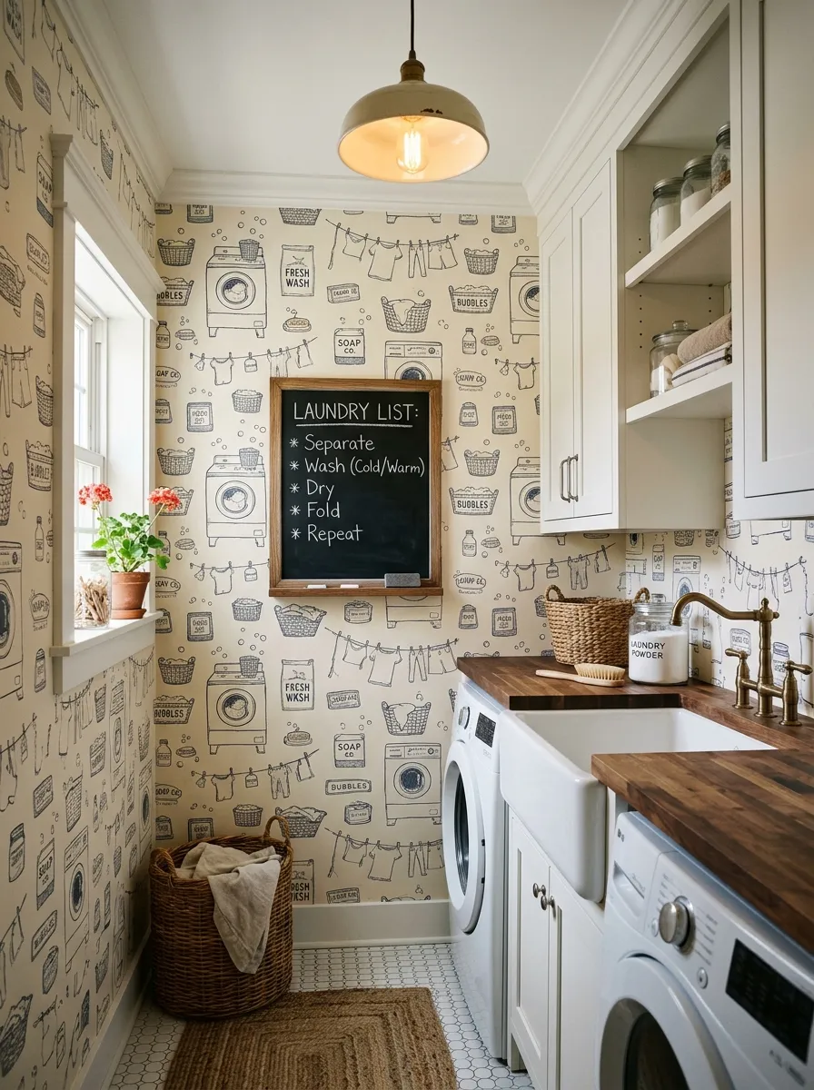 Charming compact laundry room with vintage illustrated novelty laundry room wallpaper, white shaker cabinetry, nickel bin pull handles, and chalkboard wall