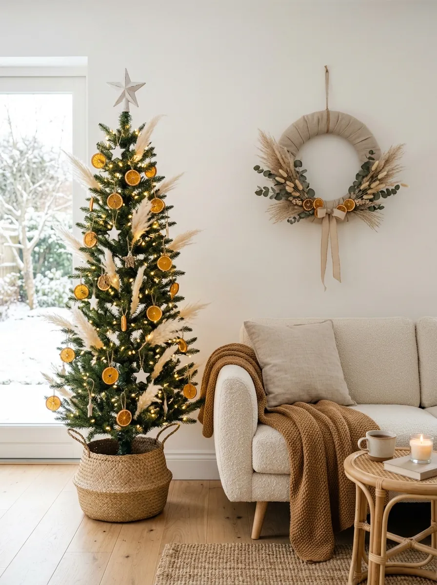 Chic neutral Christmas living room with pampas grass tree, cream bouclé sofa, and linen botanical wreath for minimalist holiday decor