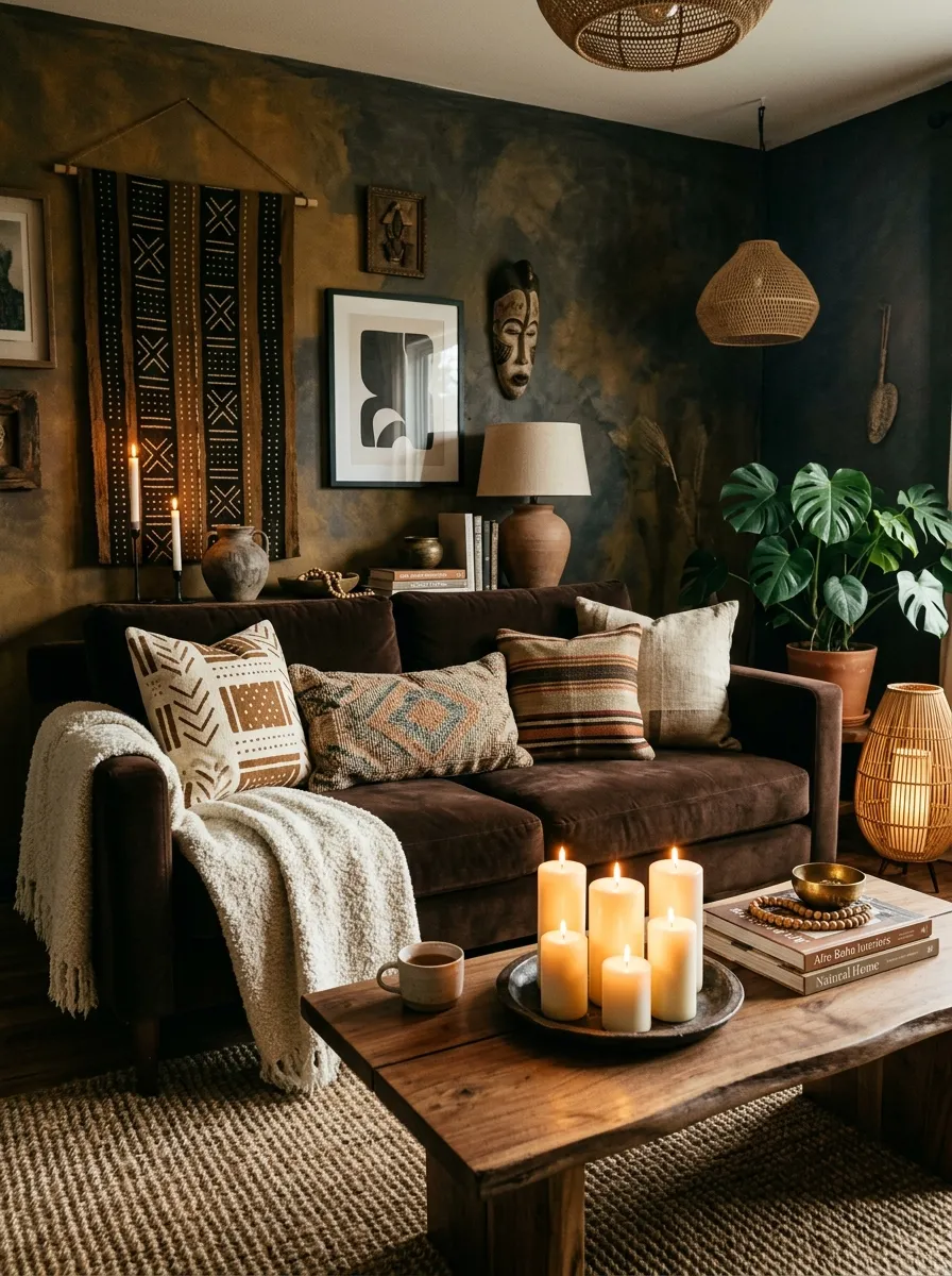 23 Afro Boho Living Room Ideas That Feel Warm, Authentic, Stylish, and Truly Lived In 7 Deep chocolate sofa, ivory boucle throw, and sisal rug in a richly layered Afro bohemian living room