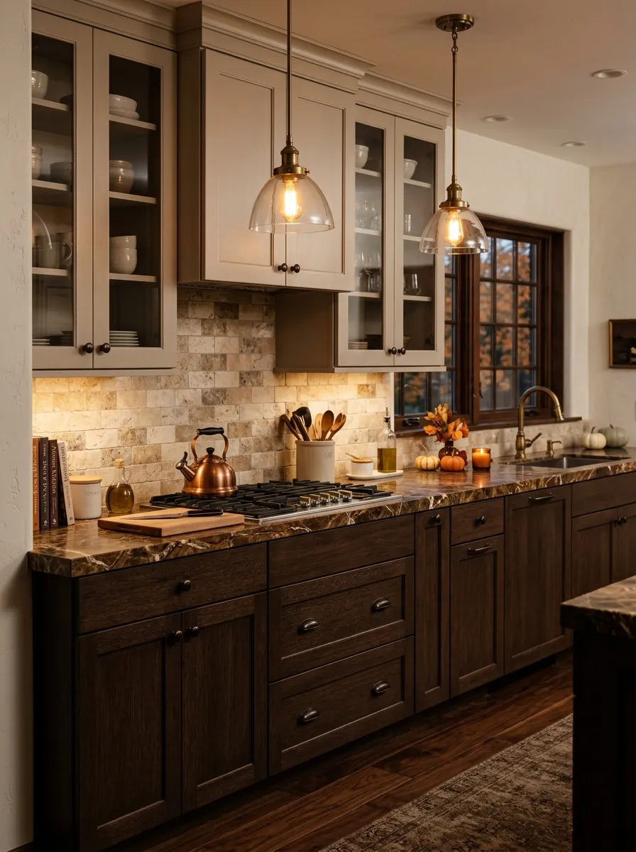 Chocolate brown lower shaker cabinets with warm greige upper cabinets and oil rubbed bronze hardware in a cozy two tone kitchen cabinet design