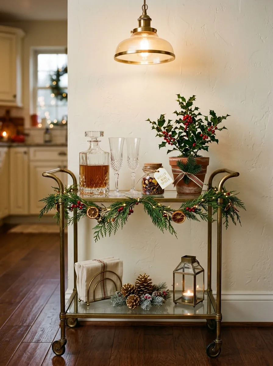 Christmas bar cart with crystal decanter, holly plant, gold pinecones, and glass lantern for elegant holiday home entertaining decor