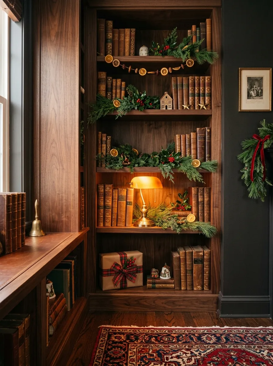 Dark walnut bookshelf decorated with pine sprigs, brass candles, and plaid wrapped gifts for luxury Christmas decorating ideas