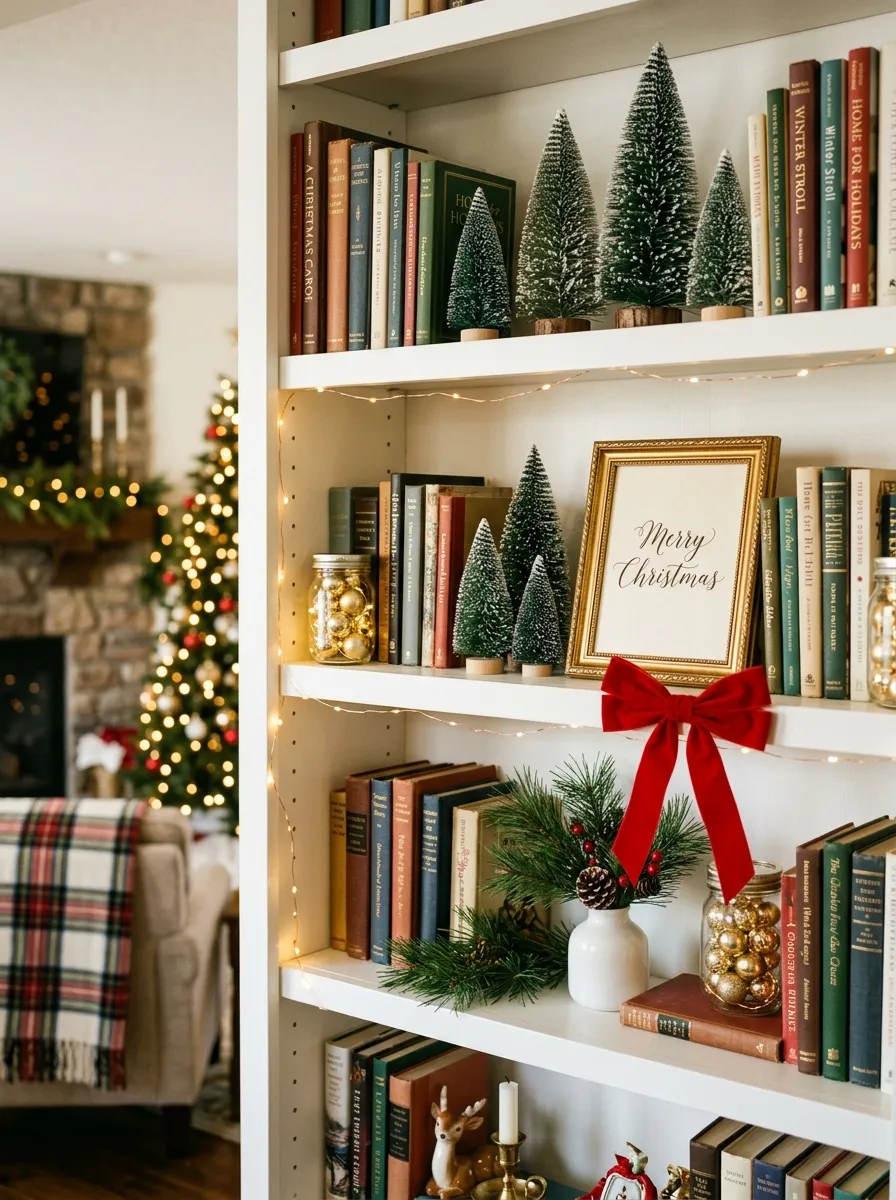 A white bookshelf styled for Christmas with bottle brush trees, fairy lights, gold ornament jars, and pine sprigs for creative Christmas room decoration